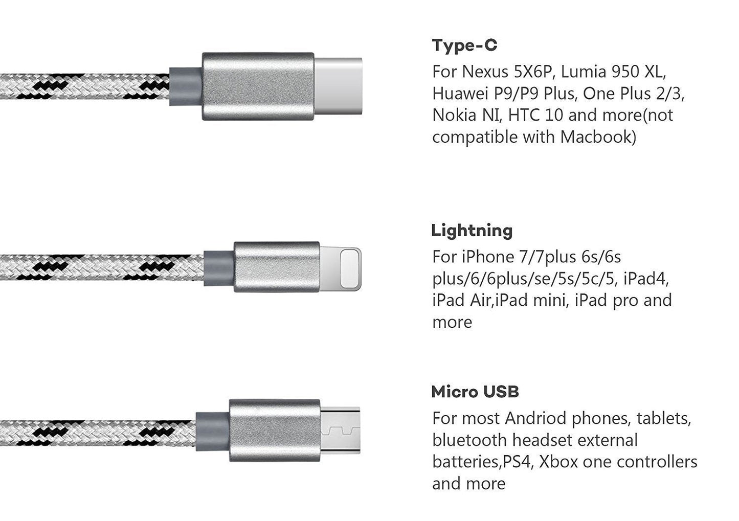 Bulk 3 in 1 Braided Multiple USB Fast Charger Cord 3ft(1m) with Lighting, Micro USB, Type C
