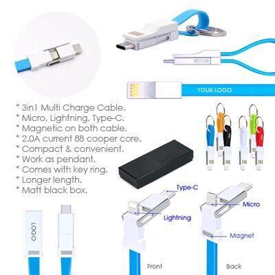 Custom Logo USB 3-in-1 Charging Cable Magnet Key Chain