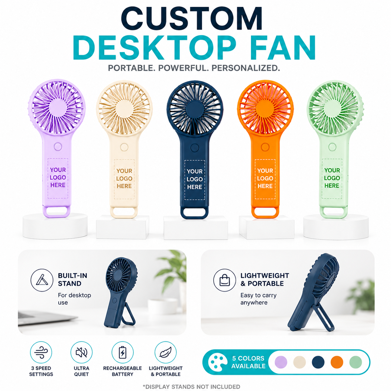 Custom Logo Rechargeable Handheld & Desktop Mini Fan with Built-in Stand