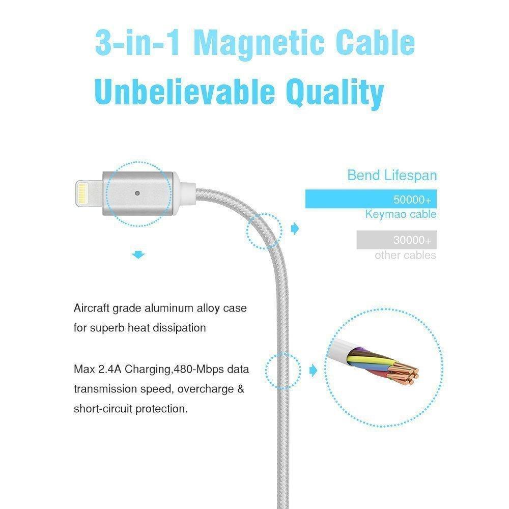 Bulk Magnetic Heads 3 in 1 Braided Fast Charging Usb Cord With Lighting, Micro USB and Type C