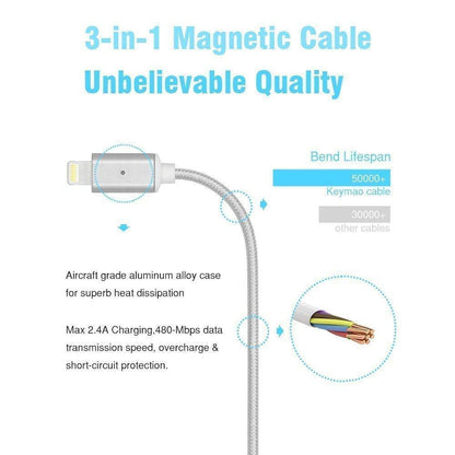 Bulk Magnetic Heads 3 in 1 Braided Fast Charging Usb Cord With Lighting, Micro USB and Type C