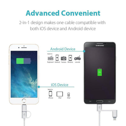 Bulk Quality 2-in-1 iPhone and Android Charging Cable, Durable USB Data Sync and Charging Cable