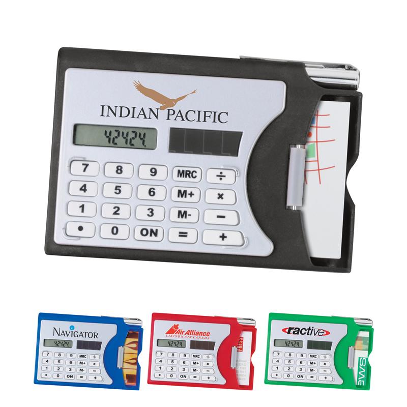 Custom Logo Solar Calculator With Business Card Holder And Silver Metal Twist Pen