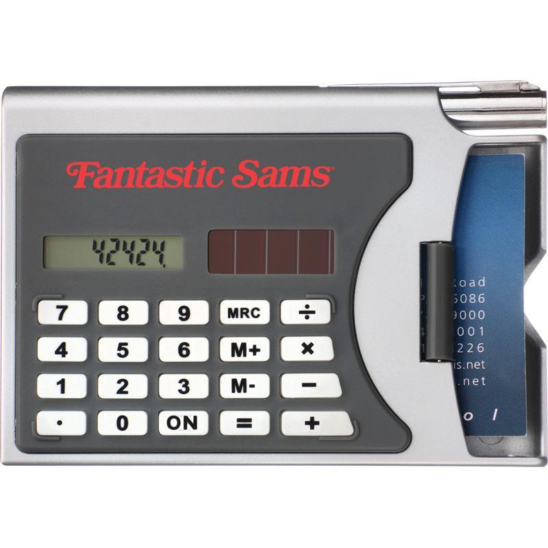 Custom Logo Solar Calculator With Business Card Holder And Silver Metal Twist Pen