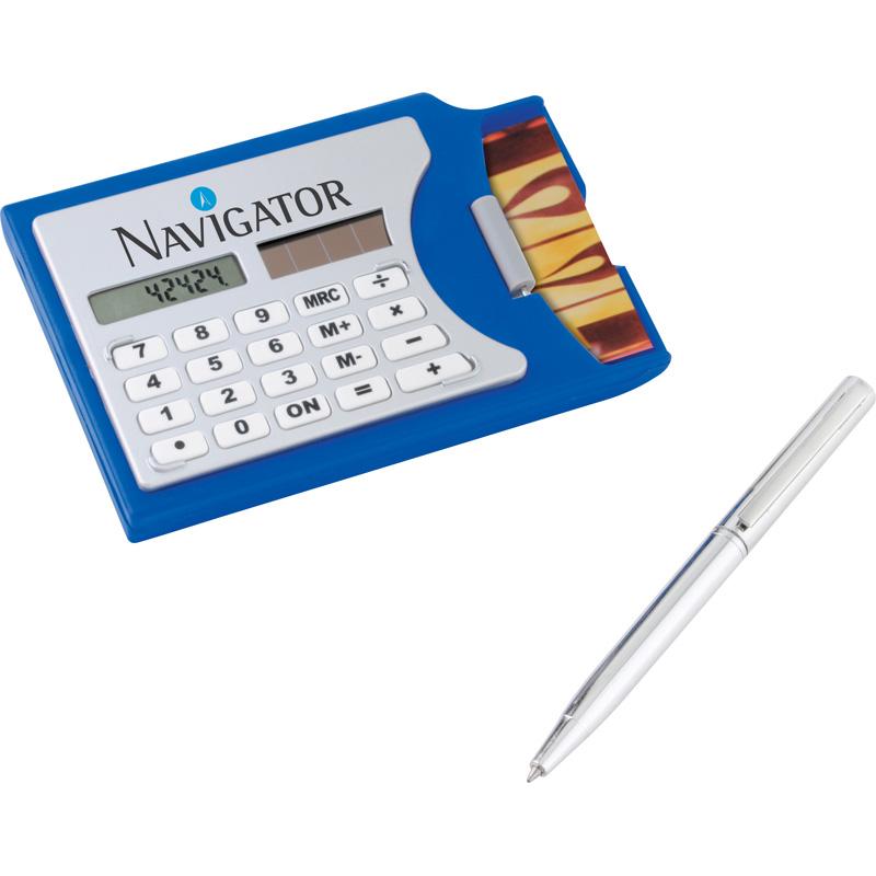 Custom Logo Solar Calculator With Business Card Holder And Silver Metal Twist Pen