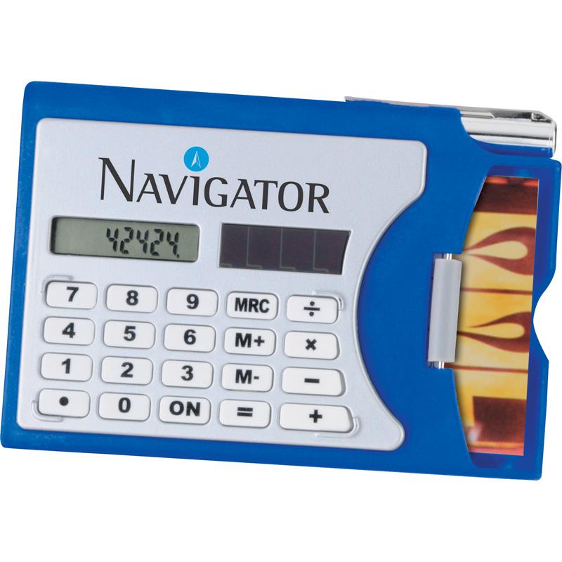 Custom Logo Solar Calculator With Business Card Holder And Silver Metal Twist Pen