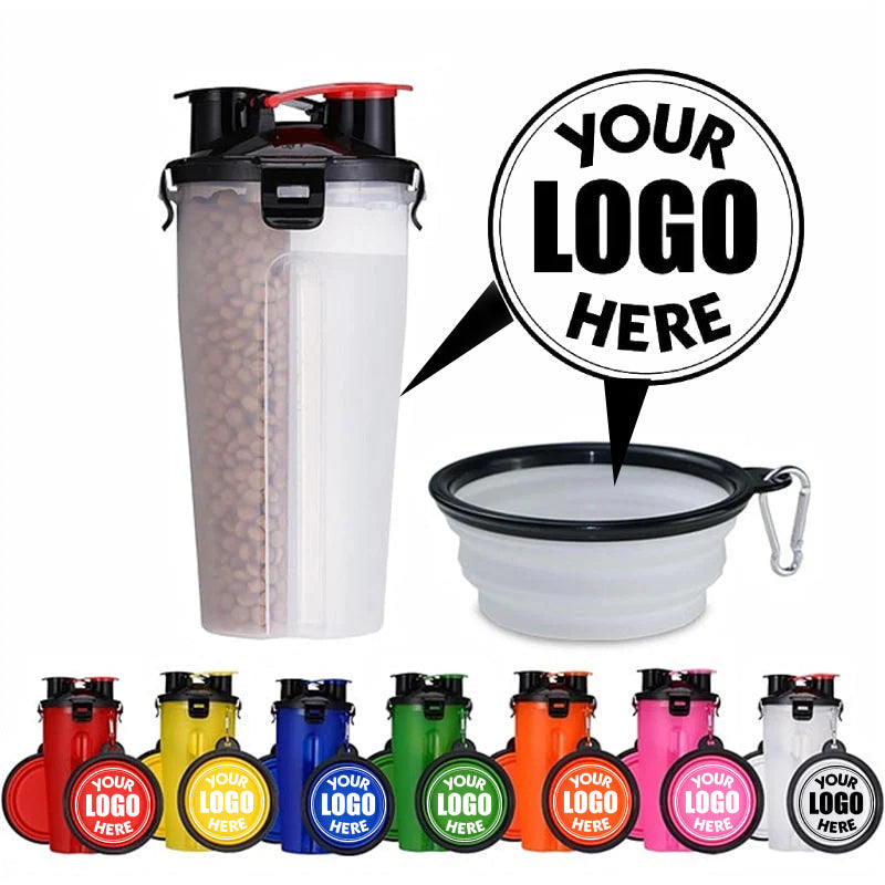Promotional Custom Logo 2 In 1 Pet Travel Water And Food Bottle With Foldable Pet Bowl