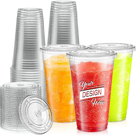 Custom Plastic Cups With Top In All Sizes, Logo Printed Promotional Pet Plastic Cups Recyclable