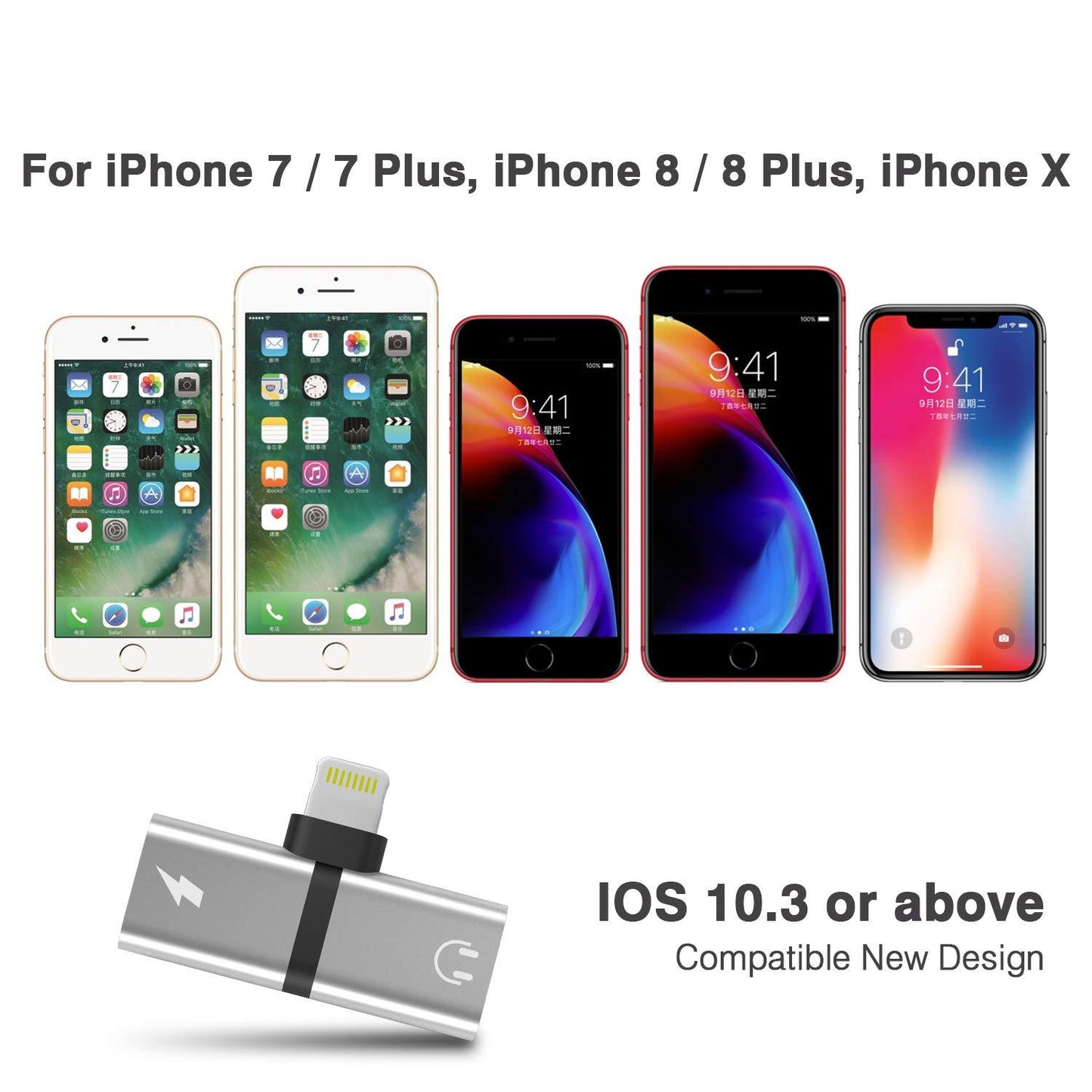Bulk Dual Ports Adapter Splitter, 2 in 1 8 pin Headphone Jack Aux Audio & Charger Adapter Cable Connector